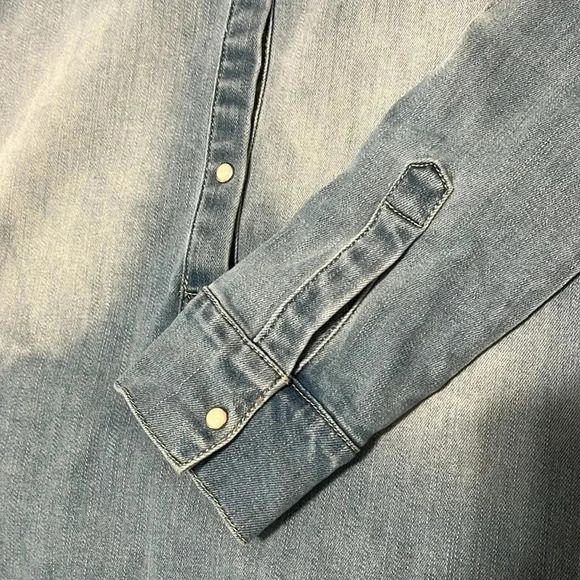 7 For All Mankind Stretch Denim Raw Hem Long Sleeve Shirt Dress Faded W… - Picture 12 of 16